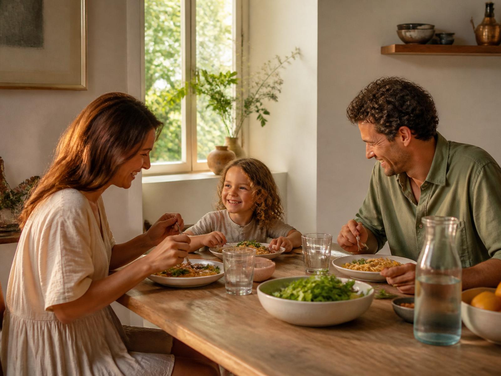 A family sharing a warm, home-cooked dinner